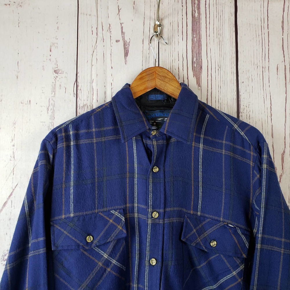 Backpacker 80's Vintage Flannel Shirt Mens Size M 15/15.5 Checkered Blue